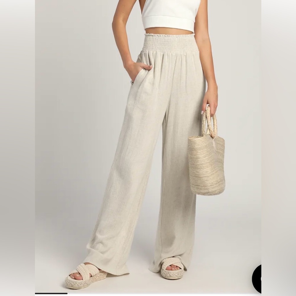 Lulus Hit the Breeze Beige Smocked Wide-Leg Pants